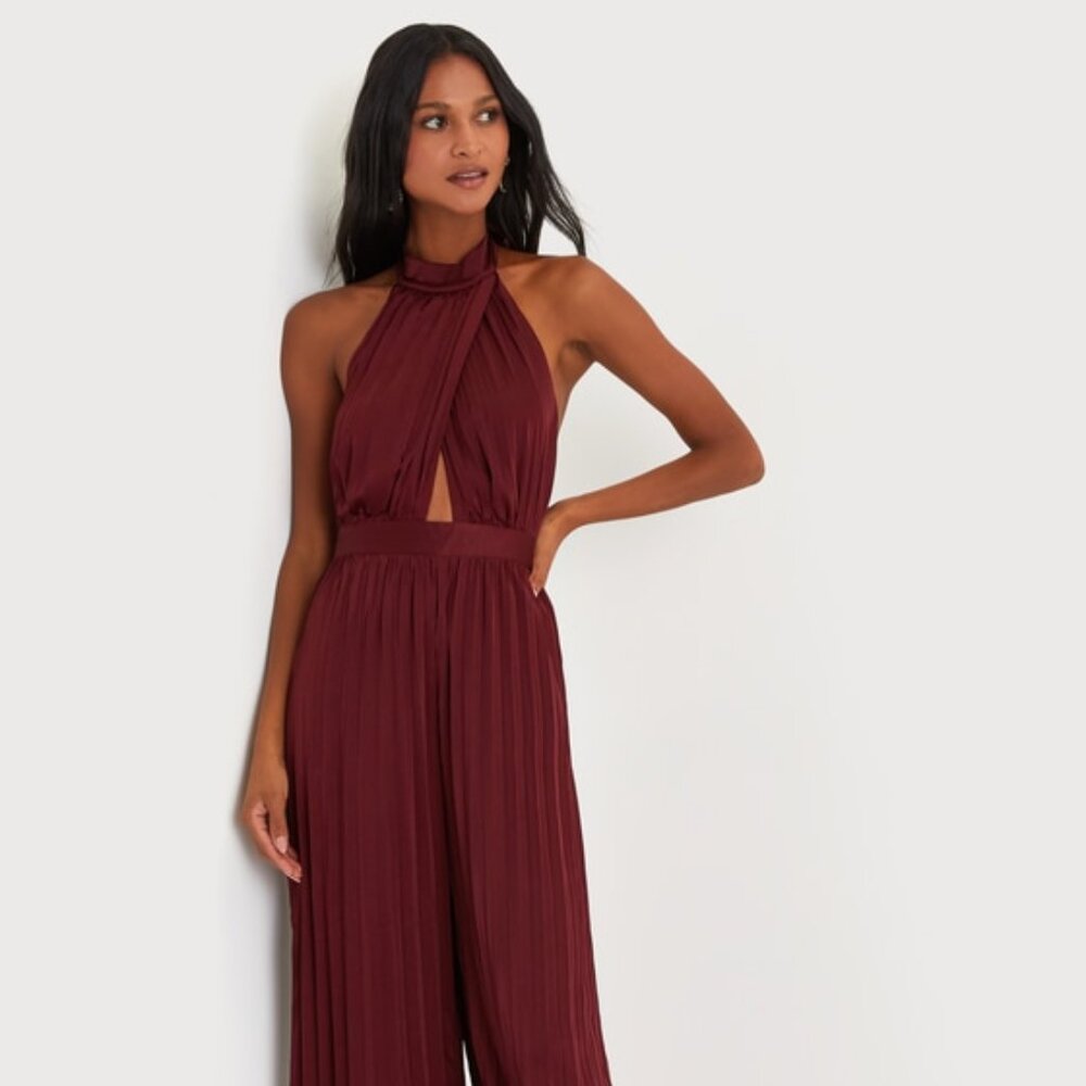 Lulu's Burgundy Halter Wide-Leg Jumpsuit